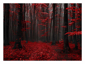 Dark forest canvas art with red leaves and mist for modern living room decor.