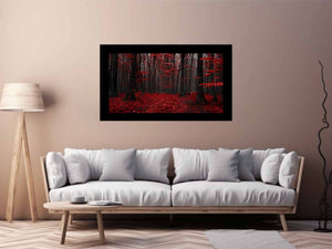 Dark forest canvas art with red leaves and mist for modern living room decor.