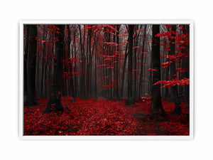 Dark forest canvas art with red leaves and mist for modern living room decor.