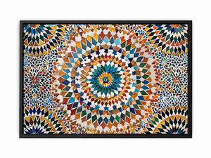 Colorful Moroccan mosaic canvas art with geometric tile pattern for dining room decor.