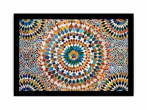 Colorful Moroccan mosaic canvas art with geometric tile pattern for dining room decor.