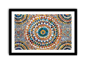 Colorful Moroccan mosaic canvas art with geometric tile pattern for dining room decor.