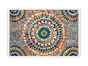 Colorful Moroccan mosaic canvas art with geometric tile pattern for dining room decor.