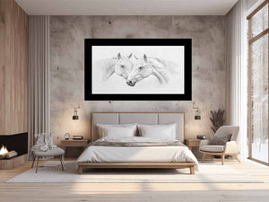 Two white horses pencil drawing canvas art for calm farmhouse living room decor.
