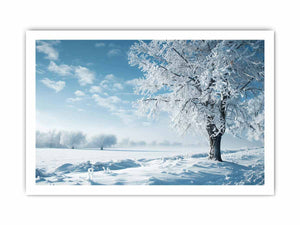 Snowy winter tree landscape canvas art for serene blue and white living room decor.