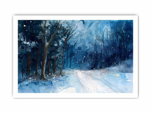 Dark blue snowy forest path watercolor canvas art for moody winter room decor.