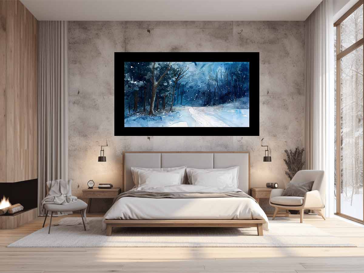Dark blue snowy forest path watercolor canvas art for moody winter room decor.