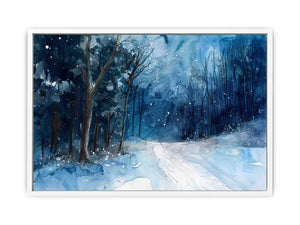 Dark blue snowy forest path watercolor canvas art for moody winter room decor.
