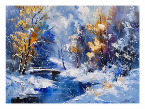 Blue winter creek painting canvas art with snowy trees for colorful living room decor.
