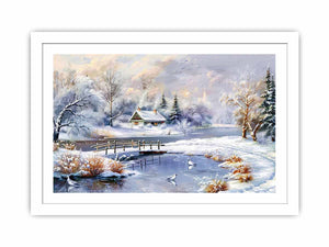 Cozy snowy cottage landscape canvas art for classic winter living room decor.