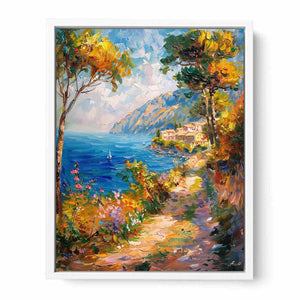 Mediterranean coastal pathway canvas art with flowers for bright vertical wall decor.