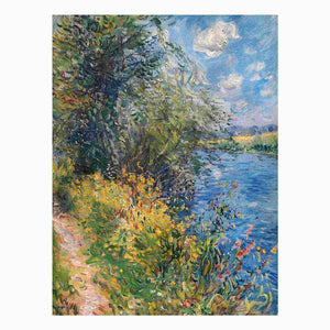 Impressionist riverside meadow canvas art with wildflowers for peaceful home decor.