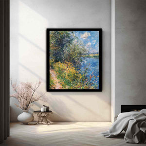 Impressionist riverside meadow canvas art with wildflowers for peaceful home decor.