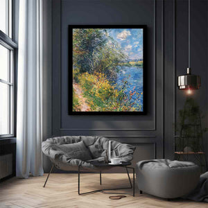 Impressionist riverside meadow canvas art with wildflowers for peaceful home decor.
