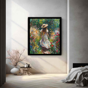 Woman walking through flower garden canvas art for romantic vertical bedroom decor.
