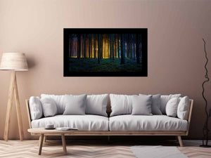 Golden light forest photography canvas art for dramatic modern living room decor.