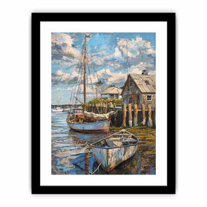 Coastal harbor sailboat canvas art with dock reflections for nautical wall decor.
