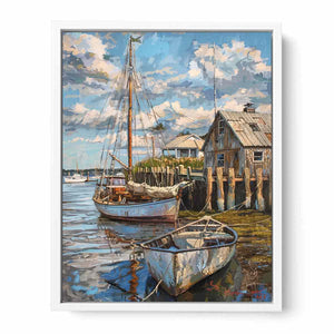 Coastal harbor sailboat canvas art with dock reflections for nautical wall decor.