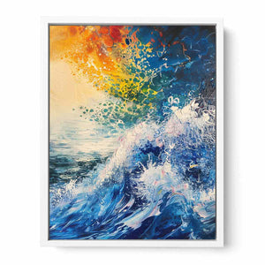 Abstract ocean wave canvas art in blue and orange for bold modern wall decor.