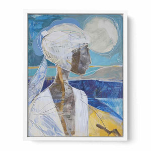 Modern abstract woman portrait canvas art with moon for elegant vertical wall decor.