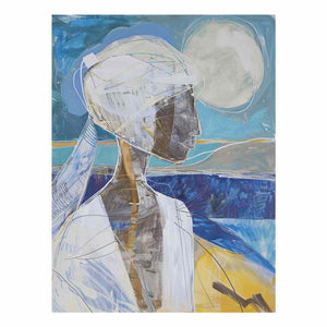 Modern abstract woman portrait canvas art with moon for elegant vertical wall decor.