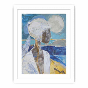 Modern abstract woman portrait canvas art with moon for elegant vertical wall decor.