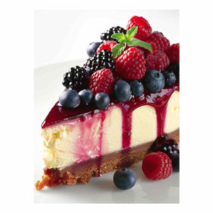 Berry cheesecake with raspberries and blueberries for elegant kitchen wall art.