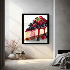 Berry cheesecake with raspberries and blueberries for elegant kitchen wall art.