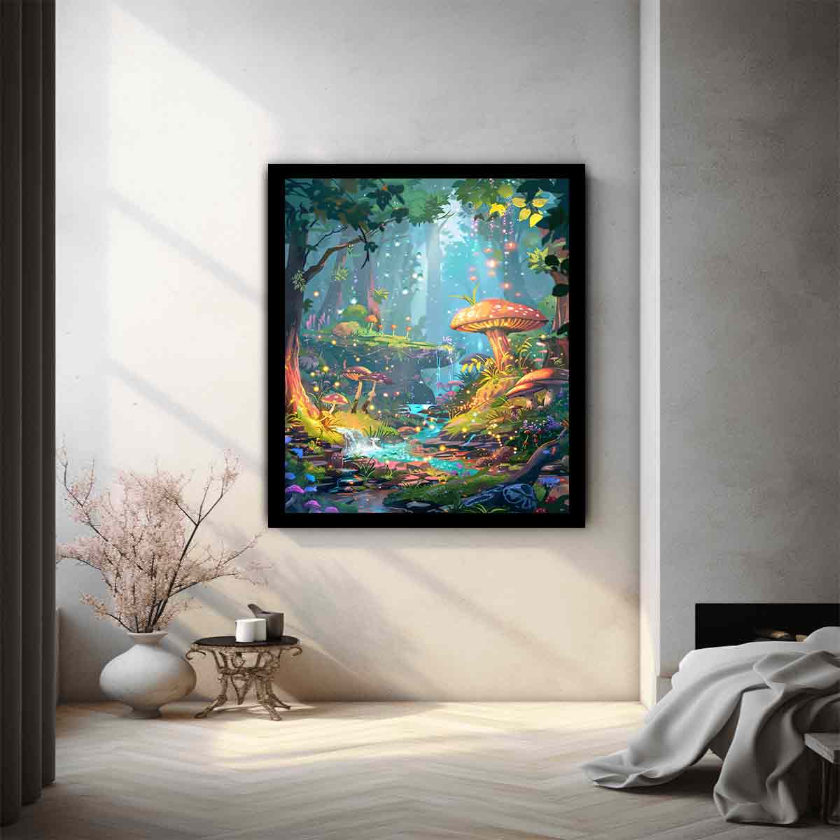 Fantasy mushroom forest with glowing stream for whimsical bedroom or nursery decor.