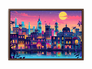 Colorful neon harbor cityscape with moonlit waterfront for modern living room decor.
