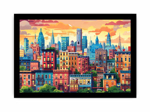 Warm illustrated city skyline with colorful buildings for modern office or living room decor.
