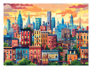 Warm illustrated city skyline with colorful buildings for modern office or living room decor.