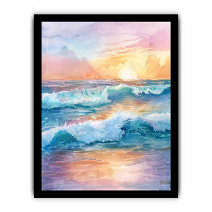 Pastel watercolor ocean waves at sunrise for calming coastal bedroom wall art.