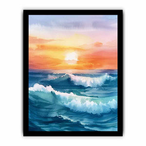 Watercolor ocean sunrise with deep blue waves for elegant coastal living room decor.