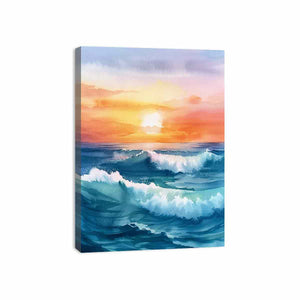 Watercolor ocean sunrise with deep blue waves for elegant coastal living room decor.