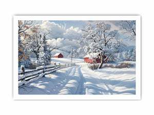 Snowy country road with red barns for rustic farmhouse winter wall art.
