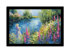 Impressionist garden lake with pink flowers and figure for elegant bedroom decor.