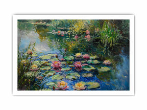 Impressionist water lily pond with reflections for serene bedroom wall art.