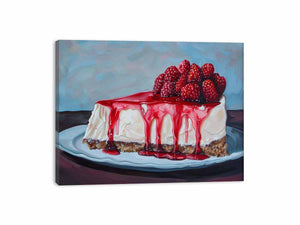 Painterly raspberry cheesecake with red glaze for colorful kitchen wall art.