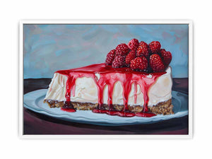Painterly raspberry cheesecake with red glaze for colorful kitchen wall art.