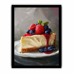 Painterly cheesecake slice with berries and mint for elegant kitchen decor.