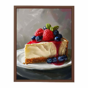 Painterly cheesecake slice with berries and mint for elegant kitchen decor.