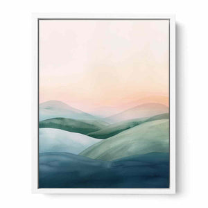 Soft green mountain watercolor canvas art for calm modern bedroom decor.