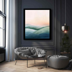 Soft green mountain watercolor canvas art for calm modern bedroom decor.