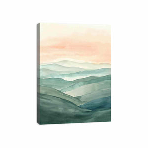 Layered green hill watercolor canvas art for peaceful modern home decor.