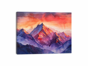 Bold watercolor mountain canvas art with crimson sunset tones for living room decor.