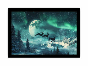 Magical aurora reindeer canvas art with moon, snow, and mountains for winter decor.