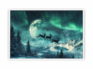 Magical aurora reindeer canvas art with moon, snow, and mountains for winter decor.