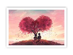 Whimsical heart tree canvas art with children and pink petals for nursery decor.