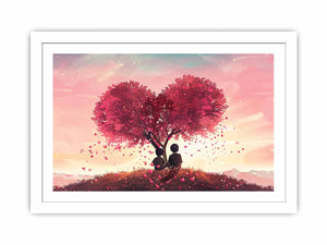 Whimsical heart tree canvas art with children and pink petals for nursery decor.